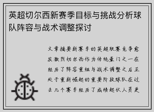 英超切尔西新赛季目标与挑战分析球队阵容与战术调整探讨